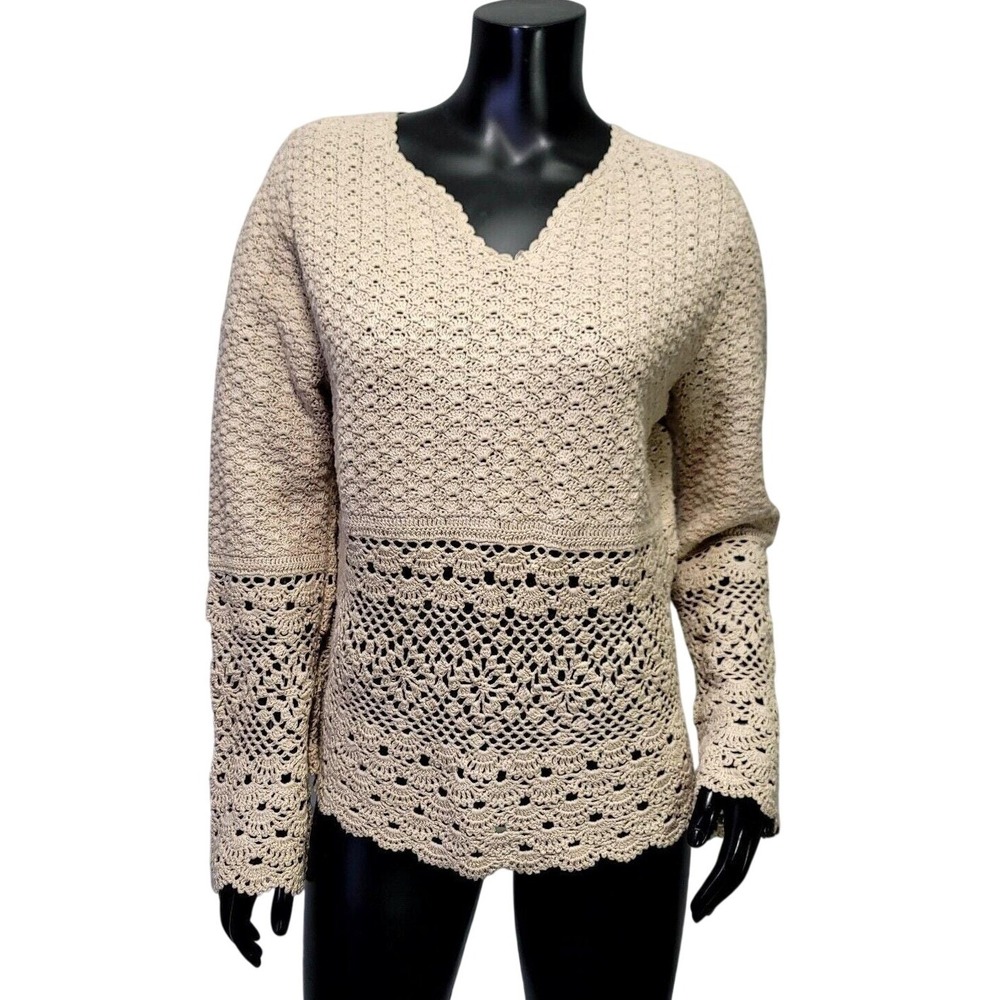 Y2K Tiara Retro Crochet Knit‎ Sweater Beige Boho Cottagecore M Hippie Boho Korea